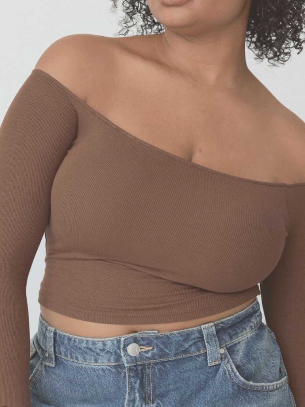 Klassy Network Brown Off the Shoulder Long Sleeve Ribbed Crop Top Size Medium